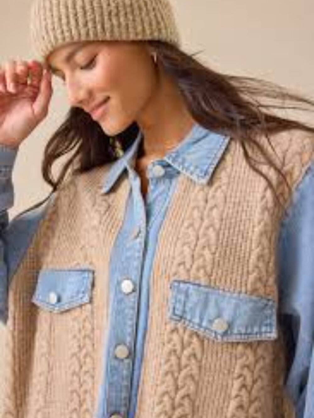 Altar'd State Wilma Cable Knit Denim Shacket | Taupe & Denim | S/M